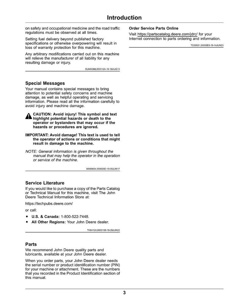 May include: A white manual page with the title "Introduction" and sections on safety, special messages, and service literature. The page includes warnings, website addresses, and a phone number for parts.