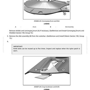 May include: Diagrams of agricultural machinery components, including a drum, disk assembly, crop accelerator, and knife. Text labels identify parts and provide instructions for removal and replacement.