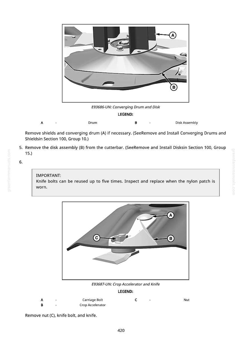 May include: Diagrams of agricultural machinery components, including a drum, disk assembly, crop accelerator, and knife. Text labels identify parts and provide instructions for removal and replacement.