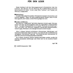 May include: A white document with German text, titled "F&Uuml;R DEN LESER" (For the Reader). The document is a manual for KUBOTA-Benzinmotoren GH series engines, with sections on function, operation, and maintenance. Includes the Kubota Corporation 1990 logo.
