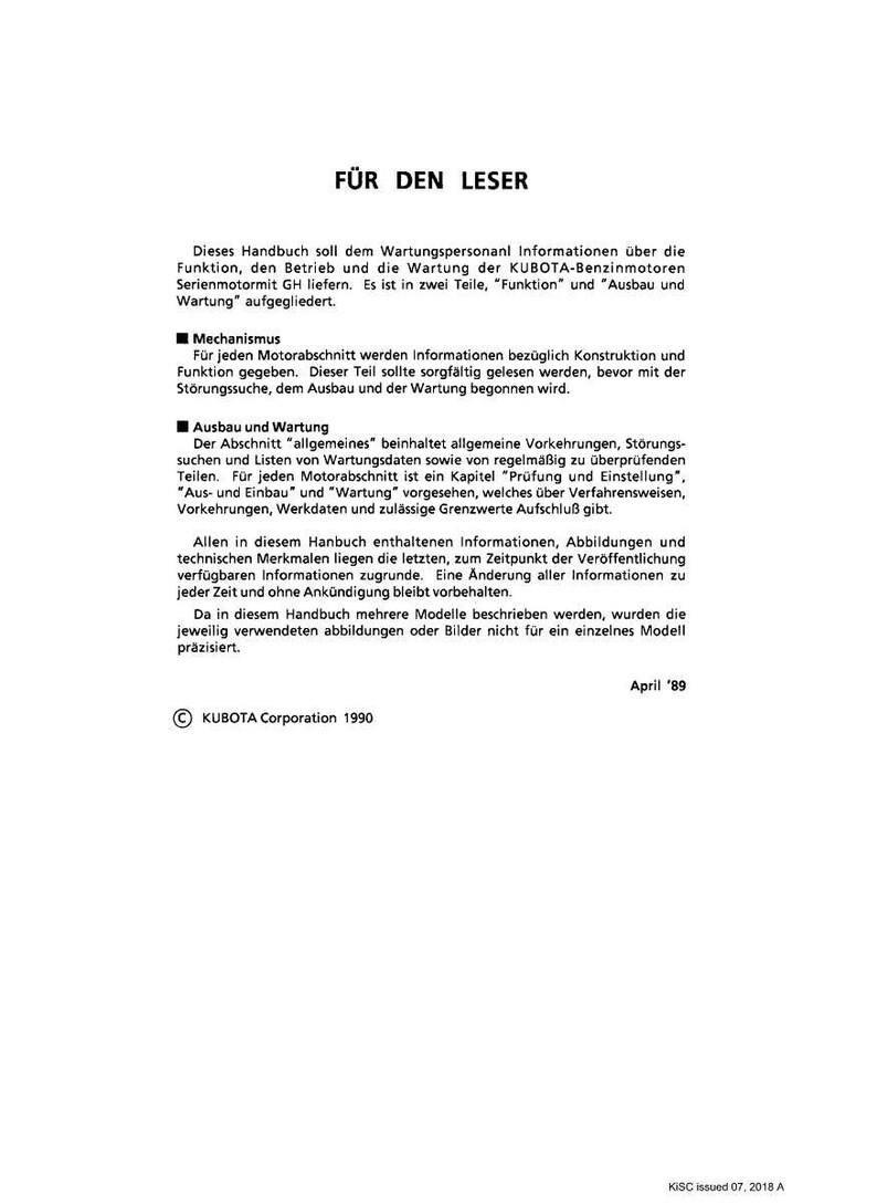 May include: A white document with German text, titled "F&Uuml;R DEN LESER" (For the Reader). The document is a manual for KUBOTA-Benzinmotoren GH series engines, with sections on function, operation, and maintenance. Includes the Kubota Corporation 1990 logo.
