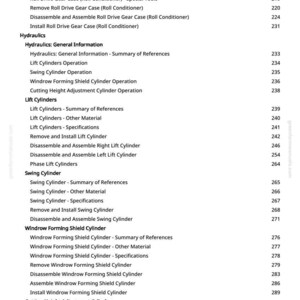 May include: A white document with a list of mechanical components and their corresponding page numbers. The document includes sections on hydraulics, lift cylinders, and swing cylinders. The text is in black font.