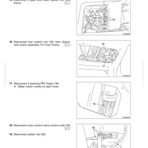 May include: Diagram from a manual showing the disassembly and assembly of a floor frame. The image includes numbered steps with illustrations of components such as gear shift lever cables, fuel control rods, and steering PPC hoses.