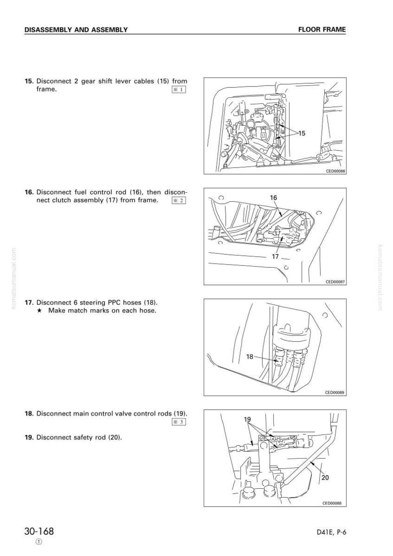 May include: Diagram from a manual showing the disassembly and assembly of a floor frame. The image includes numbered steps with illustrations of components such as gear shift lever cables, fuel control rods, and steering PPC hoses.