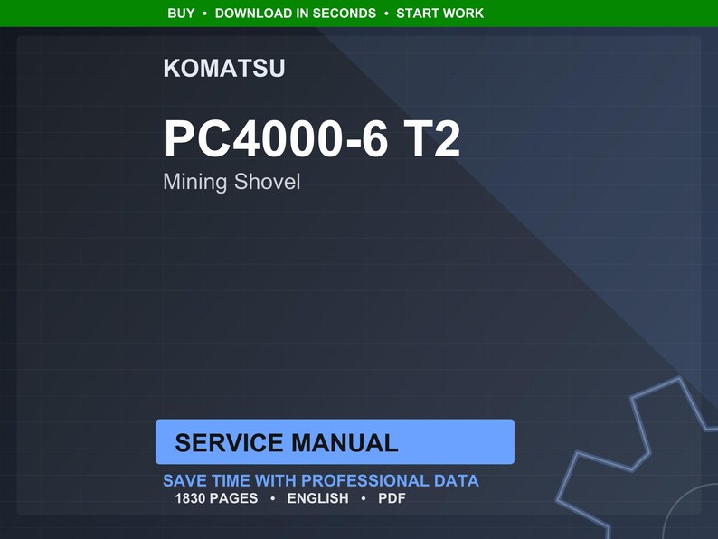 Op de afbeelding: Een digitale servicehandleiding voor een Komatsu PC4000-6 T2 mijnbouwshovel. De omslag is donkerblauw met witte tekst, waaronder "KOMATSU", "PC4000-6 T2" en "Mining Shovel". De handleiding telt 1830 pagina's en is in het Engels.