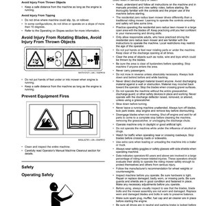 Puede incluir: P&aacute;gina de un manual de seguridad con advertencias e instrucciones para operar una cortadora de c&eacute;sped. Incluye diagramas de peligros potenciales y precauciones de seguridad. Texto negro sobre fondo blanco.
