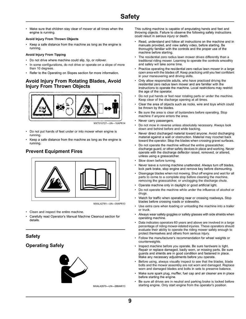 Puede incluir: P&aacute;gina de un manual de seguridad con advertencias e instrucciones para operar una cortadora de c&eacute;sped. Incluye diagramas de peligros potenciales y precauciones de seguridad. Texto negro sobre fondo blanco.