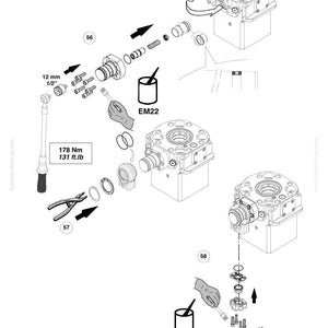 May include: Diagram of HP hydraulic components with labels and measurements. Includes a torque wrench, pliers, and various parts. Text includes "12 mm 1/2", "178 Nm 131 ft.lb", and "EM22".