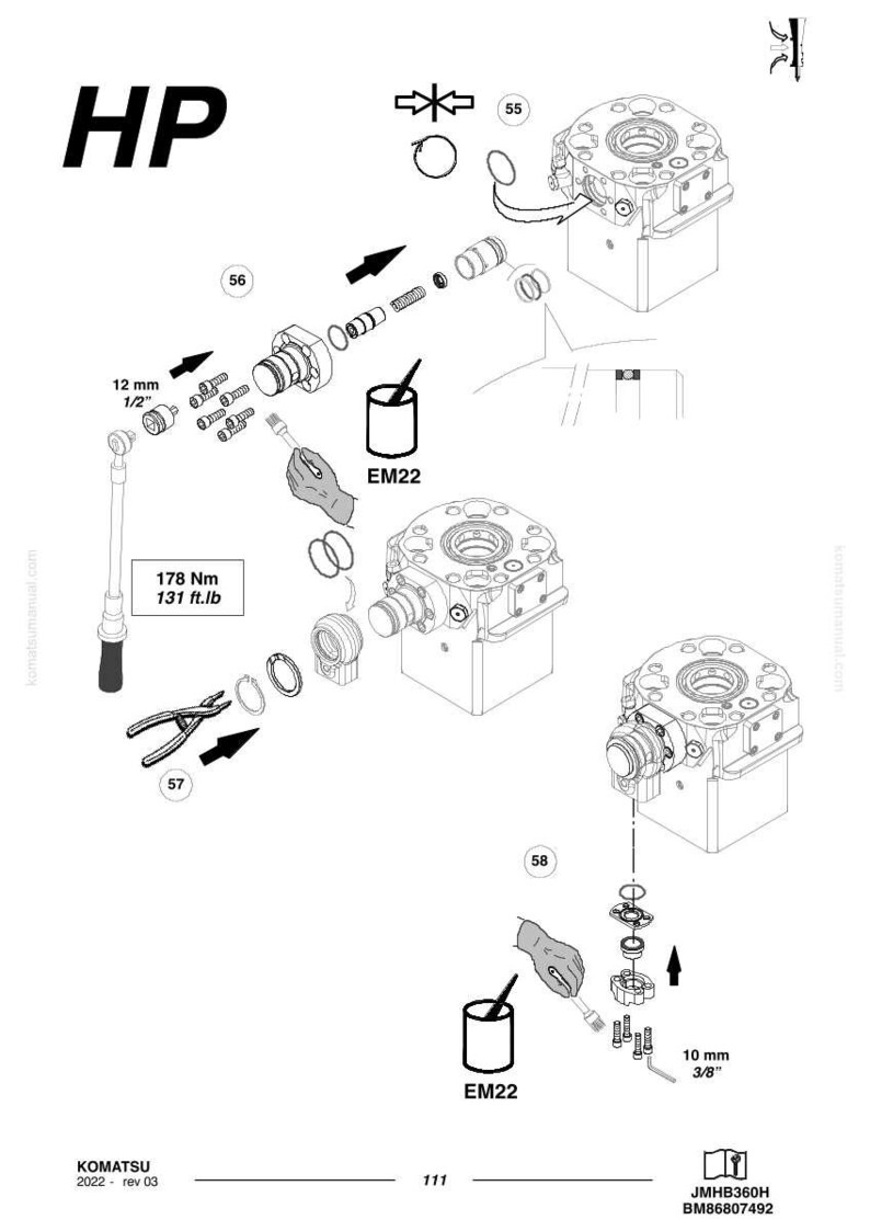 May include: Diagram of HP hydraulic components with labels and measurements. Includes a torque wrench, pliers, and various parts. Text includes "12 mm 1/2", "178 Nm 131 ft.lb", and "EM22".