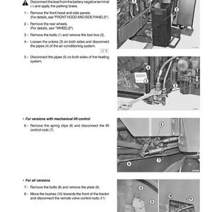 May include: Diagram of cab removal steps for a vehicle. Instructions include removing panels, wheels, bolts, and pipes. Images show tools and components with numbered labels for each step. Text includes "CABS" and "Removal".