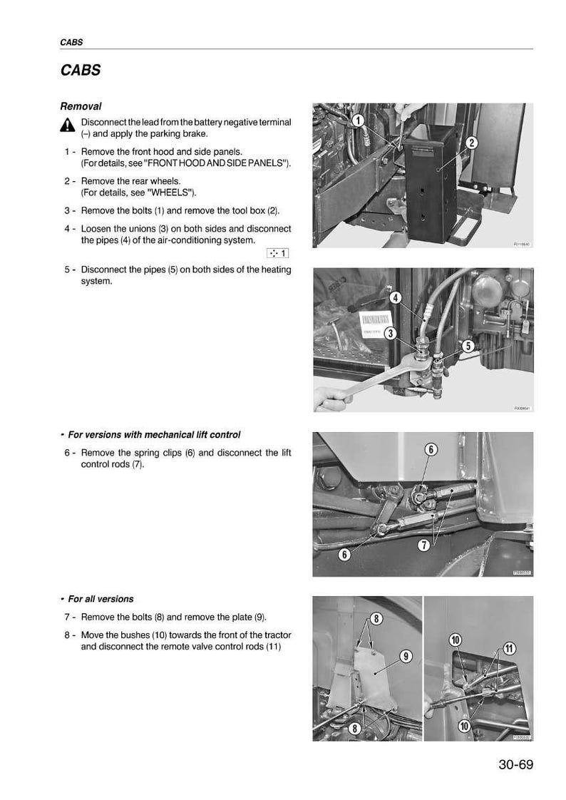 May include: Diagram of cab removal steps for a vehicle. Instructions include removing panels, wheels, bolts, and pipes. Images show tools and components with numbered labels for each step. Text includes "CABS" and "Removal".