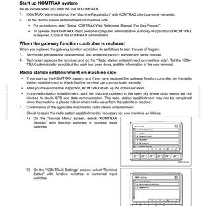 May include: A technical manual page with instructions for starting up the KOMTRAX system, including machine registration and radio station establishment. The page includes screenshots of the "Service Menu" and "KOMTRAX Settings" screens.