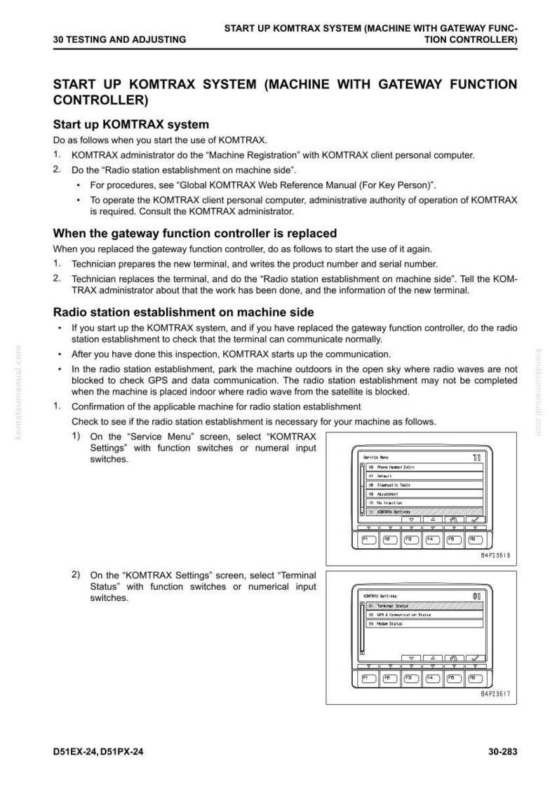 May include: A technical manual page with instructions for starting up the KOMTRAX system, including machine registration and radio station establishment. The page includes screenshots of the "Service Menu" and "KOMTRAX Settings" screens.