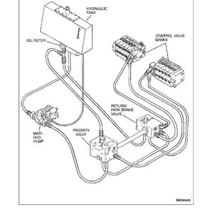 May include: Diagram of a main hydraulic circuit, labeled with terms like "Hydraulic Tank," "Oil Filter," and "Control Valve Banks." The schematic shows interconnected components with lines and arrows, illustrating the circuit's structure and function. The diagram is in black and white.
