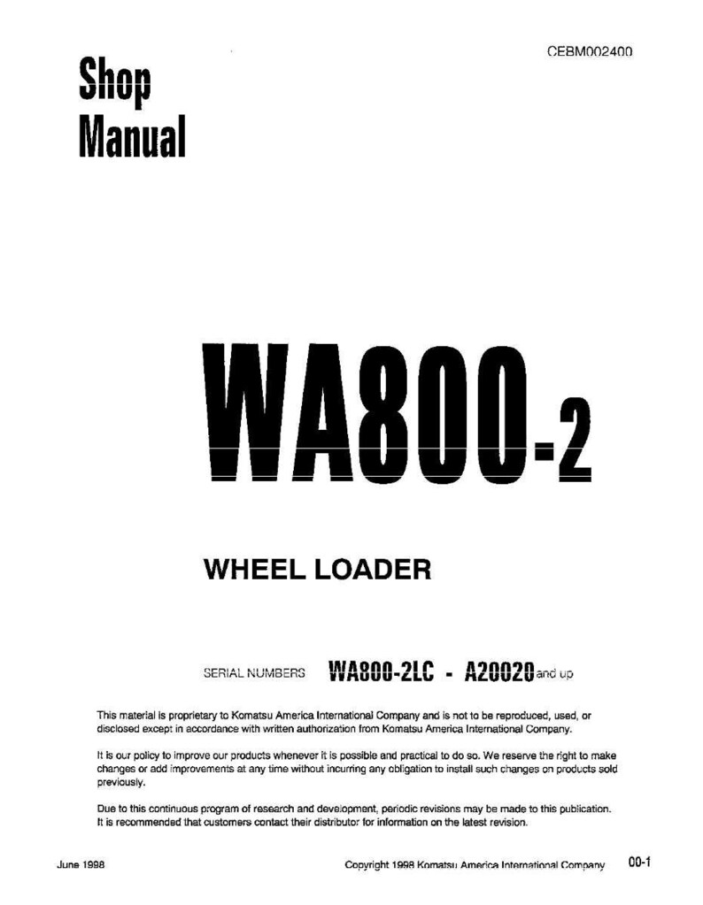 Puede incluir: Una portada de manual de taller blanca con el texto "Shop Manual" en letras negras en negrita. El t&iacute;tulo "WA800-2" se muestra de forma destacada, junto con "WHEEL LOADER". El texto adicional incluye n&uacute;meros de serie e informaci&oacute;n de derechos de autor.