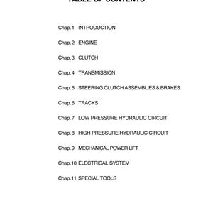 May include: A white page with the title "TABLE OF CONTENTS" and a list of chapter titles, including "INTRODUCTION", "ENGINE", "CLUTCH", "TRANSMISSION", and "SPECIAL TOOLS". The text is in black.