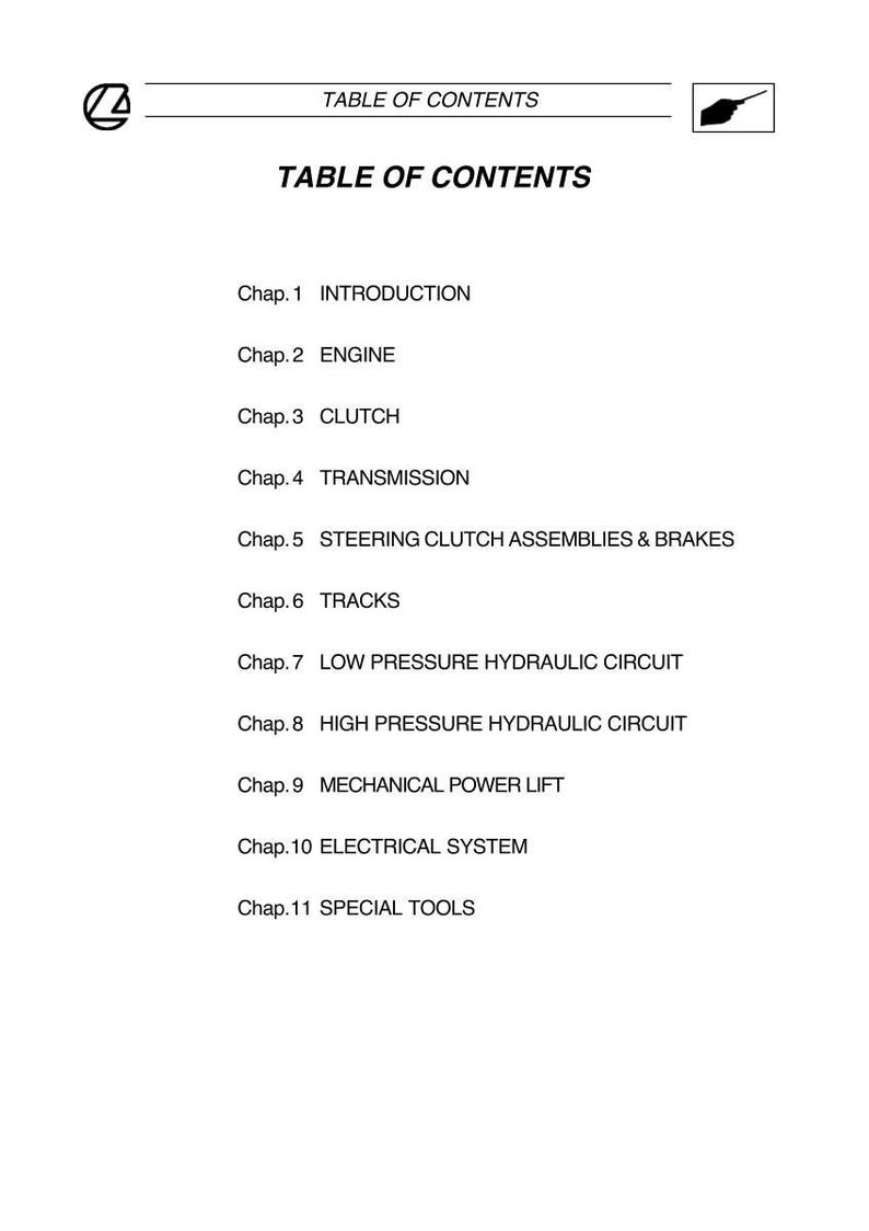 May include: A white page with the title "TABLE OF CONTENTS" and a list of chapter titles, including "INTRODUCTION", "ENGINE", "CLUTCH", "TRANSMISSION", and "SPECIAL TOOLS". The text is in black.