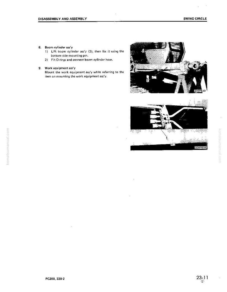 May include: A page from a manual titled "DISASSEMBLY AND ASSEMBLY" with the text "SWING CIRCLE." The page includes diagrams and instructions for boom cylinder and work equipment assembly. The bottom of the page has the text "PC200, 220-2" and "23-11."