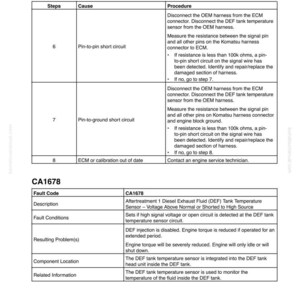 May include: A troubleshooting guide with the title "CA1677 Troubleshooting Guide (cont'd)". The guide includes steps, causes, and procedures for diagnosing issues related to a diesel exhaust fluid (DEF) tank temperature sensor.