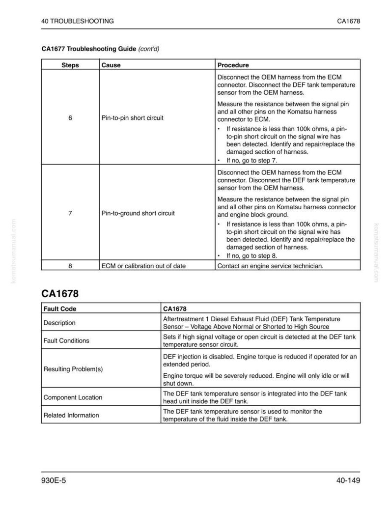 May include: A troubleshooting guide with the title "CA1677 Troubleshooting Guide (cont'd)". The guide includes steps, causes, and procedures for diagnosing issues related to a diesel exhaust fluid (DEF) tank temperature sensor.