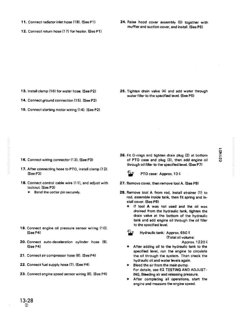 May include: A detailed page from a manual with numbered instructions and diagrams for engine maintenance. Text includes steps for connecting hoses, wiring, and other components. The page is white with black text and diagrams.