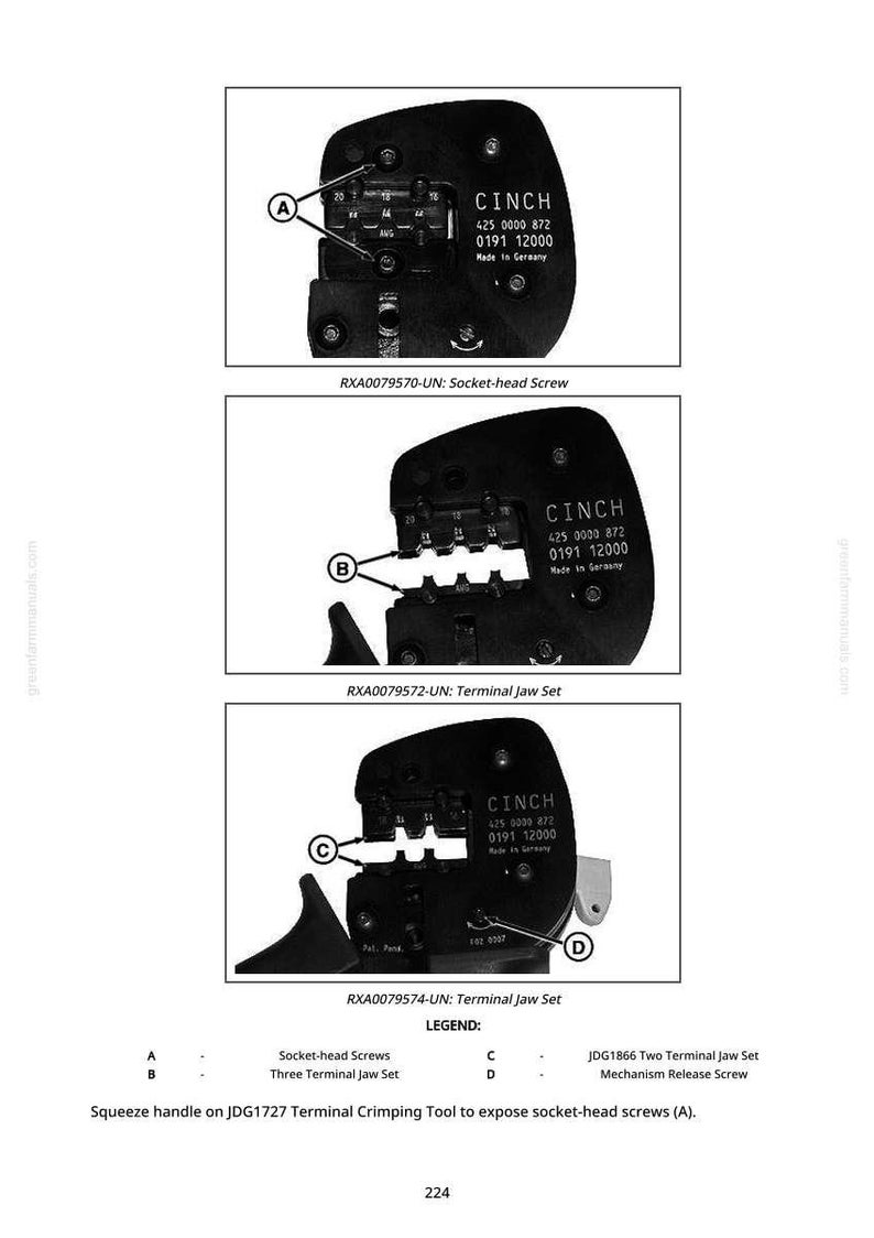 K&ouml;nnte beinhalten: Diagramm von drei Cinch-Crimpwerkzeugen mit Beschriftungen und Text. Die Werkzeuge sind schwarz mit silbernen Komponenten. Der Text enth&auml;lt Modellnummern und Beschreibungen der Teile, wie z. B. Innensechskantschrauben und Klemmenbackens&auml;tze.