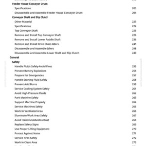 May include: A white page featuring a detailed table of contents for a manual. The text covers conveyor systems, safety procedures, and equipment maintenance, with page numbers on the right.