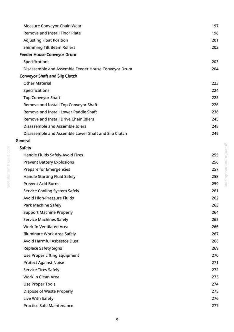 May include: A white page featuring a detailed table of contents for a manual. The text covers conveyor systems, safety procedures, and equipment maintenance, with page numbers on the right.