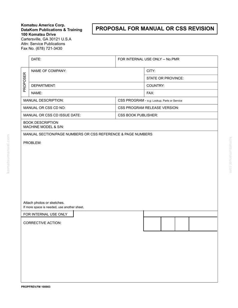 Pode incluir: Um formul&aacute;rio branco intitulado "PROPOSTA DE REVIS&Atilde;O MANUAL OU CSS" com campos de texto para informa&ccedil;&otilde;es da empresa, detalhes do manual e uso interno. O logotipo da Komatsu America Corp. est&aacute; no topo.