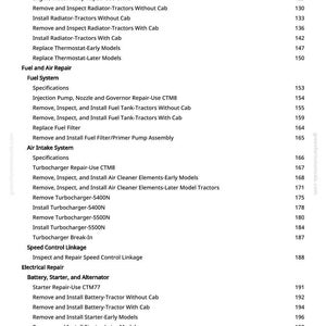 Puede incluir: P&aacute;gina impresa de un manual de greenfarmmanuals.com, que enumera los procedimientos de reparaci&oacute;n de tractores, incluyendo refrigeraci&oacute;n, combustible, admisi&oacute;n de aire y sistemas el&eacute;ctricos. El texto incluye instrucciones y n&uacute;meros de p&aacute;gina.