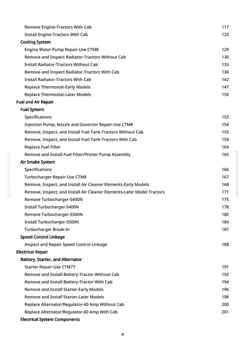 Puede incluir: P&aacute;gina impresa de un manual de greenfarmmanuals.com, que enumera los procedimientos de reparaci&oacute;n de tractores, incluyendo refrigeraci&oacute;n, combustible, admisi&oacute;n de aire y sistemas el&eacute;ctricos. El texto incluye instrucciones y n&uacute;meros de p&aacute;gina.