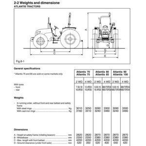 May include: Diagram of an Atlantis tractor, showing side and front views with dimensions and specifications. Includes tire sizes, weights in kilograms, and measurements in millimeters for various models.