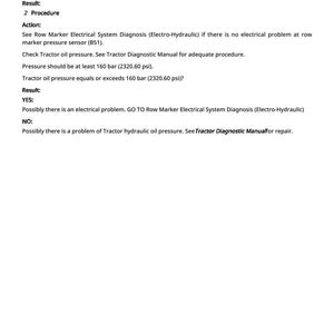 May include: A page of text detailing procedures for inspecting a tractor's hydraulic components, checking oil pressure, and diagnosing electrical issues. Measurements are given in bar and psi.
