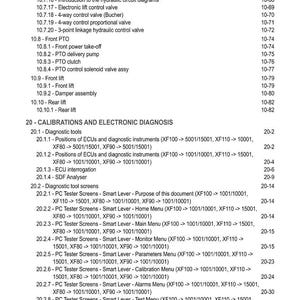 May include: A detailed table of contents from a manual, listing various components and procedures. Includes sections on valves, PTO, lift systems, calibrations, and electronic diagnostics. The text is in black font on a white background.