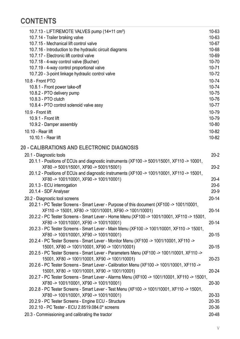 May include: A detailed table of contents from a manual, listing various components and procedures. Includes sections on valves, PTO, lift systems, calibrations, and electronic diagnostics. The text is in black font on a white background.
