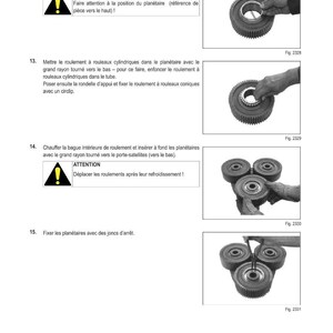 May include: Technical diagram illustrating mechanical assembly steps. Includes images of gears, bearings, and circlips. Text instructions in French detail the process, with warnings about part orientation and cooling.
