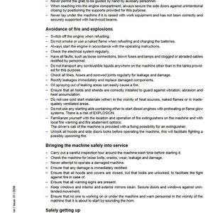 May include: A technical document with safety instructions, including warnings about hot engine parts, fire prevention, and safe operation procedures. The document also includes a section on safely getting up on the machine.