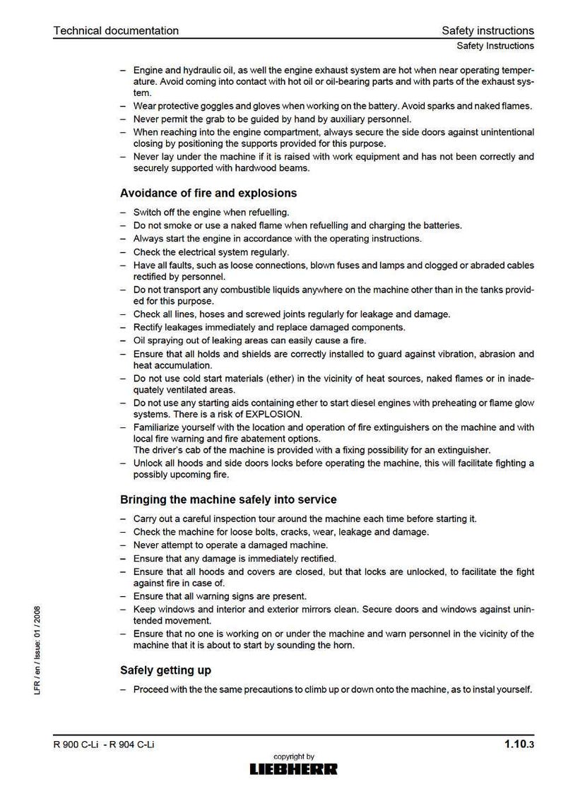 May include: A technical document with safety instructions, including warnings about hot engine parts, fire prevention, and safe operation procedures. The document also includes a section on safely getting up on the machine.