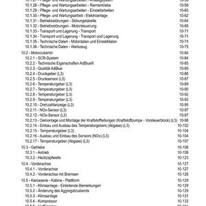 May include: A detailed table of contents from a technical manual, listing various automotive maintenance and repair topics. The text is in German, with page numbers on the right. Topics include engine components, electrical systems, and more.
