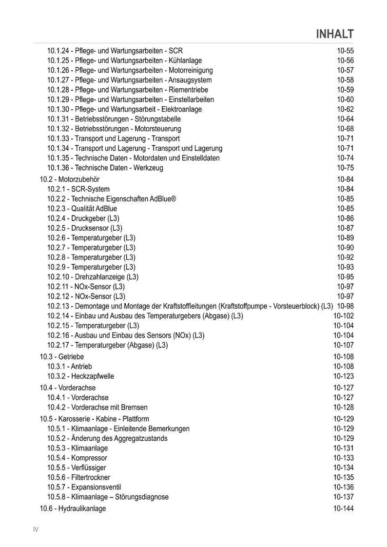 May include: A detailed table of contents from a technical manual, listing various automotive maintenance and repair topics. The text is in German, with page numbers on the right. Topics include engine components, electrical systems, and more.