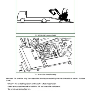 May include: Diagram illustrating safe transport procedures. The image shows a truck with a machine being loaded onto it, and a detailed view of machinery components. Text includes "Transport Safely" and safety precautions.