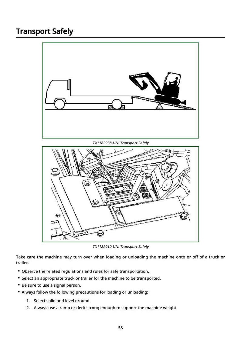 May include: Diagram illustrating safe transport procedures. The image shows a truck with a machine being loaded onto it, and a detailed view of machinery components. Text includes "Transport Safely" and safety precautions.