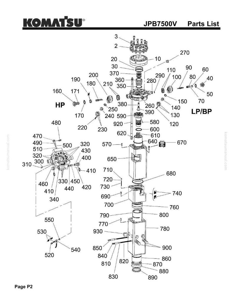 May include: Detailed parts list diagram for a Komatsu JPB7500V machine. The diagram is a technical illustration with numbered components, including bolts, cylinders, and various mechanical parts. The image features the Komatsu logo and part numbers.