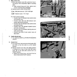 May include: A technical diagram with the title "INSTALLATION OF MAIN CONTROL VALVE" and numbered steps. The image includes close-up photos of mechanical components with labels and measurements. Text details the installation process.