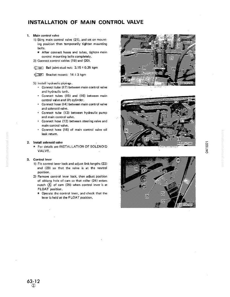 May include: A technical diagram with the title "INSTALLATION OF MAIN CONTROL VALVE" and numbered steps. The image includes close-up photos of mechanical components with labels and measurements. Text details the installation process.