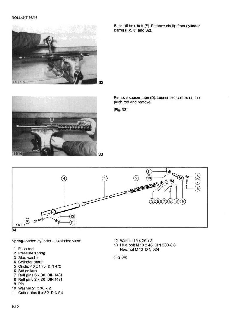 May include: Diagram of a spring-loaded cylinder, exploded view, with labeled parts including push rod, pressure spring, and cylinder barrel. Includes instructions for disassembly and reassembly.