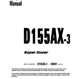 Pu&ograve; includere: Una copertina bianca di manuale d'officina con la scritta "Shop Manual" in nero. Il titolo "D155AX-3 Super Dozer" &egrave; ben visibile. La copertina include informazioni sul copyright e numeri di serie.