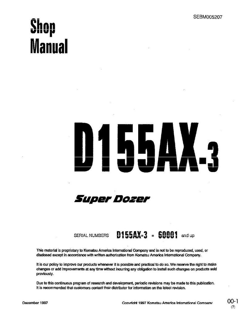 Pu&ograve; includere: Una copertina bianca di manuale d'officina con la scritta "Shop Manual" in nero. Il titolo "D155AX-3 Super Dozer" &egrave; ben visibile. La copertina include informazioni sul copyright e numeri di serie.