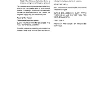 May include: A white page from a Massey Ferguson MF 2600 H Series Workshop Service Manual. The page includes text about tractor repair, safety, and maintenance, with headings like "Introduction and Safety" and "Repair of the Tractor."