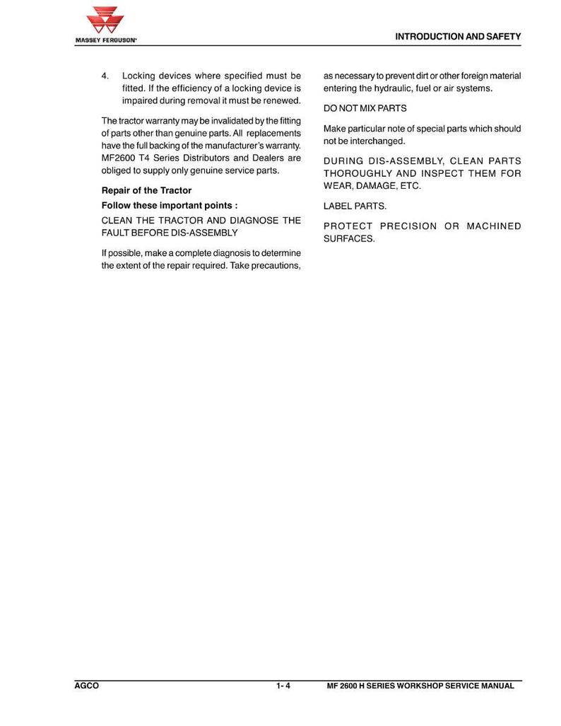 May include: A white page from a Massey Ferguson MF 2600 H Series Workshop Service Manual. The page includes text about tractor repair, safety, and maintenance, with headings like "Introduction and Safety" and "Repair of the Tractor."